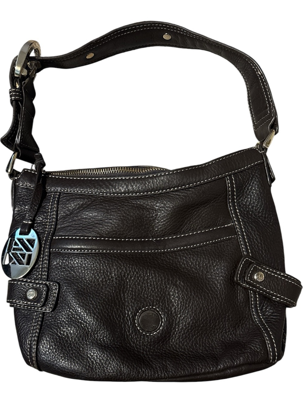 Anne Klein Dark Brown Pebbled Leather Shoulder Bag with Silver Charm